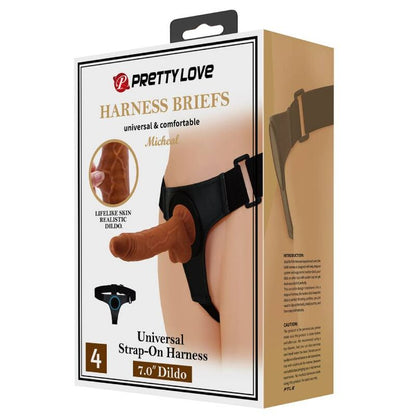 Imbragatura slip universale PRETTY LOVE con dildo Micheal nero da 20 cm, dettagli visivi dell'imbragatura e del dildo.