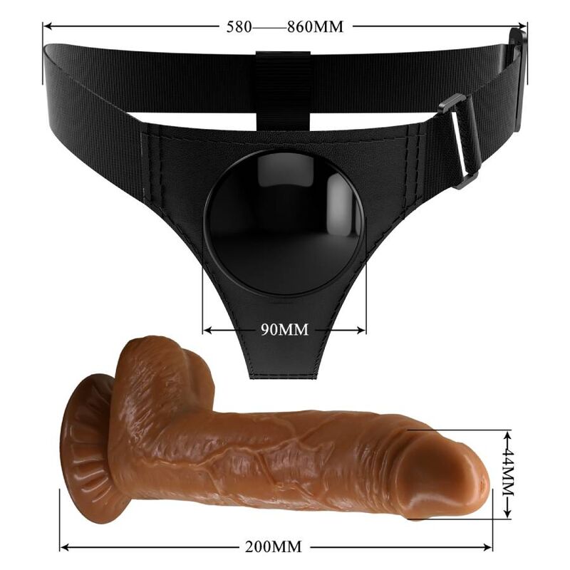 Imbragatura slip universale PRETTY LOVE con dildo nero Micheal 20 cm, mostrato in immagine.