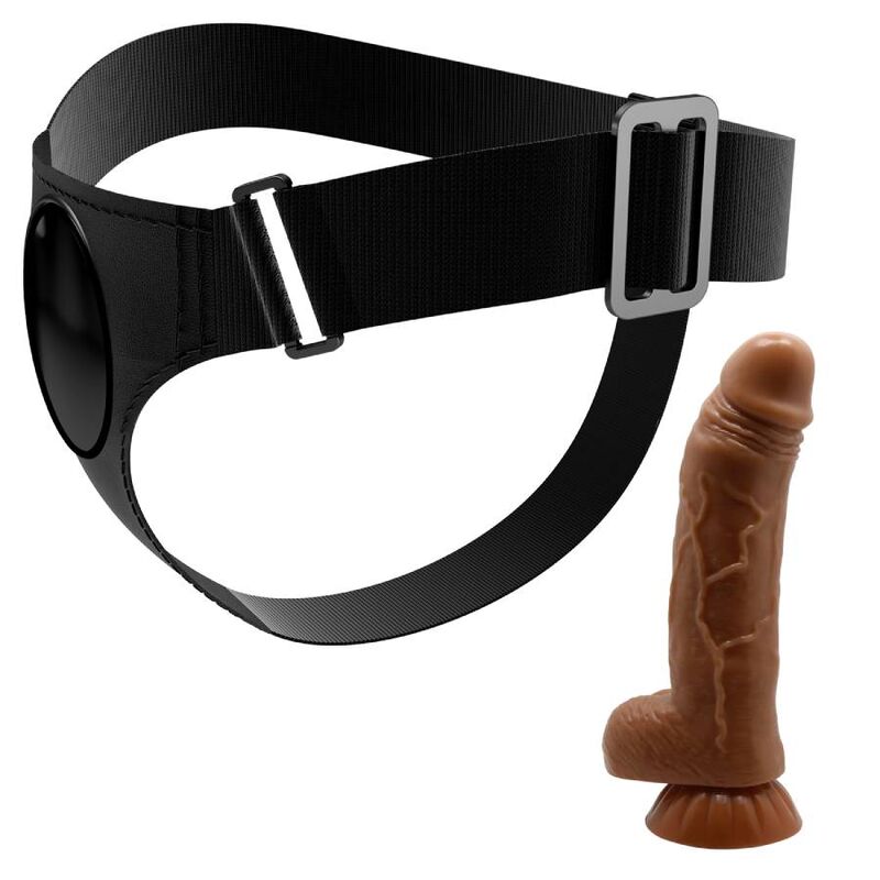 Imbragatura slip universale PRETTY LOVE con dildo nero Michael di 20 cm, dettagli visivi e vestibilità del prodotto.