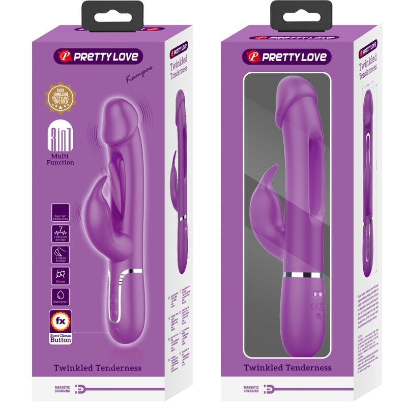 Vibratore coniglio viola PRETTY LOVE Kampas 3-in-1, dispositivo multifunzione per piacere e stimolazione.