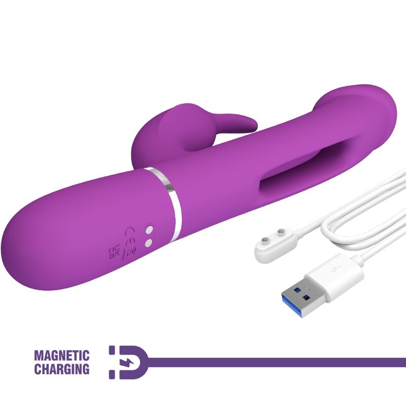 Vibratore coniglio viola PRETTY LOVE KAMPAS 3-in-1 multifunzione, con design ergonomico e dettagli colorati.