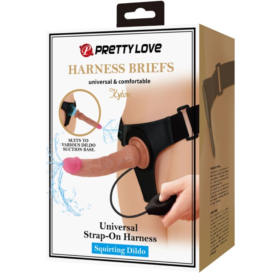 Imbracatura universale PRETTY LOVE KYTON con dildo da 19 cm, slip con funzione squirting, colore mulato.
