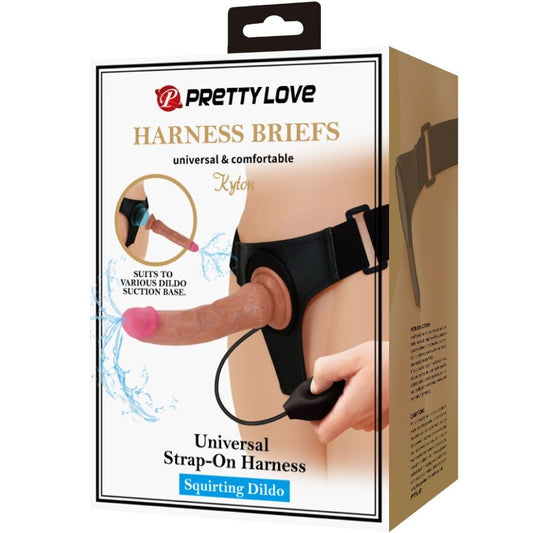 Imbracatura universale PRETTY LOVE KYTON con dildo da 19 cm, slip con funzione squirting, colore mulato.