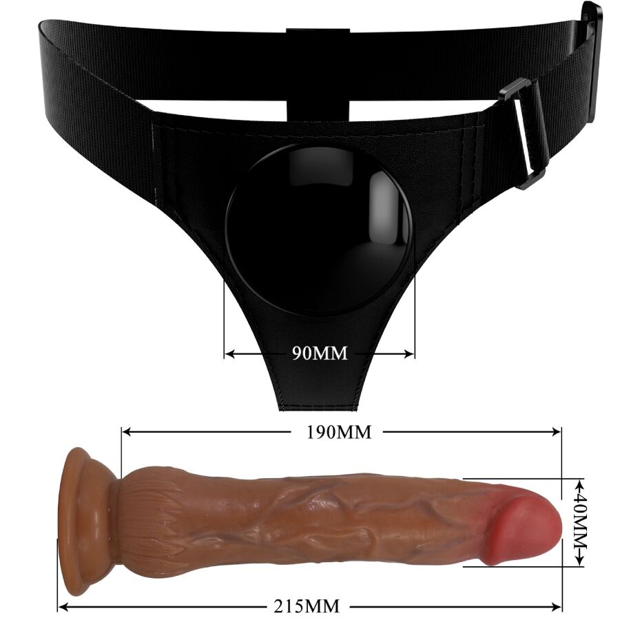 Imbracatura universale PRETTY LOVE Kyton con dildo di 19 cm, slip regolabile e effetto squirting, in tonalità mulato.