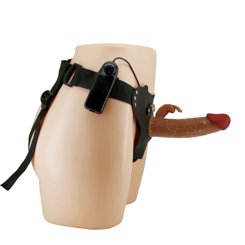Imbracatura universale Pretty Love Marion con dildo vibrante da 19 cm, colore marrone, vista frontale.