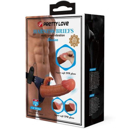 Imbracatura universale Pretty Love Marion con dildo vibrante da 19 cm marrone, mostrato indossato.