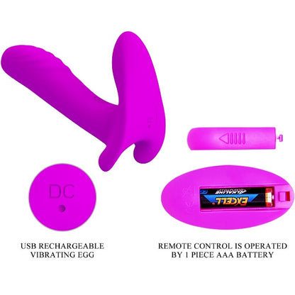 Massaggiatore e vibratore Pretty Love con 12 vibrazioni e telecomando, colore viola, design ergonomico e compatto.