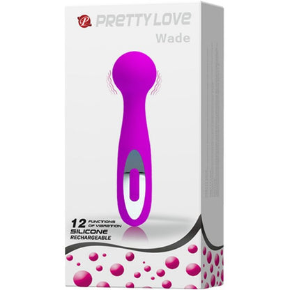Massaggiatore ricaricabile Pretty Love Wade con 12 funzioni, mostrato acceso con testina rotante e design ergonomico.