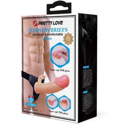 Imbracatura universale PRETTY LOVE Mavis con dildo naturale da 19 cm, mostrata in primo piano su sfondo neutro.