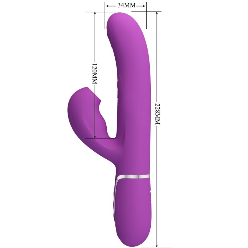 Vibratore multifunzione Pretty Love Perlita 3 in 1 con coniglio viola, design elegante e dettagli colorati.