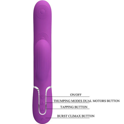 Vibratore multifunzione Pretty Love Perlita 3 in 1 con design coniglio viola, dettagli colorati e pulsanti di controllo.