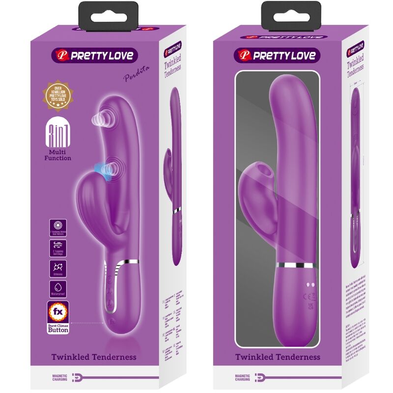 Vibratore multifunzione Pretty Love Perlita 3 in 1 con forma di coniglio viola, dettagli colorati e pulsanti di controllo.