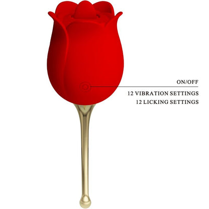 Stimolatore clitorideo Pretty Love Rose Lover con 12 vibrazioni, colore rosso, design elegante e dettagli in silicone.
