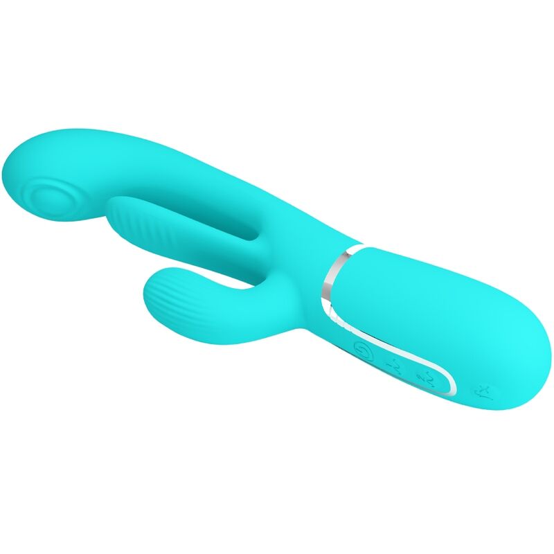 Vibratore multifunzione 3 in 1 Pretty Love Shania con design a triplo coniglio in blu, dettagli realistici e tecnologia avanzata