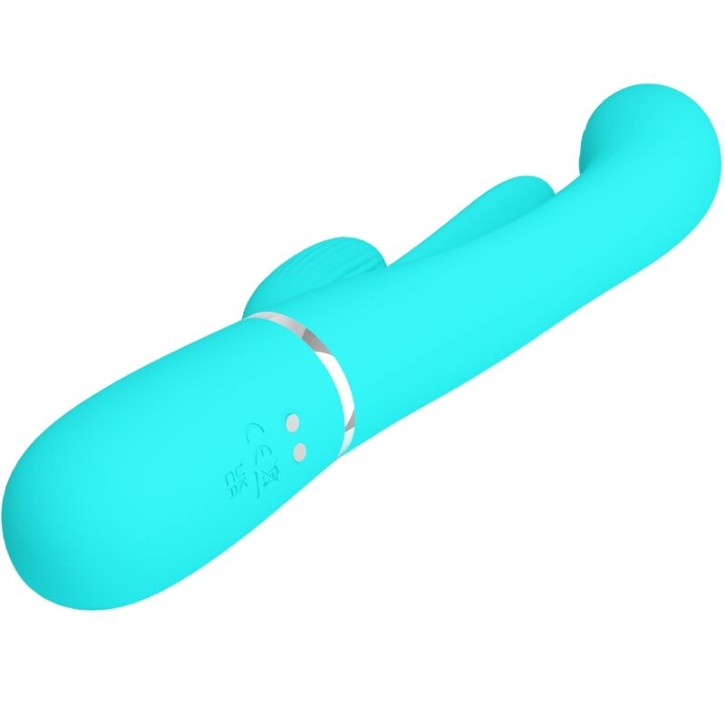 Vibratore triple con design a forma di coniglio, multifunzione, in blu, marca PRETTY LOVE, ideale per stimolazione e piacere.