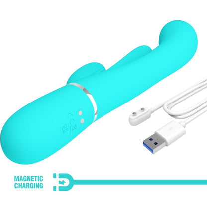 Vibratore multifunzione 3 in 1 PRETTY LOVE SHANIA con design a tre orecchie, colore blu, immagini dettagliate del prodotto.