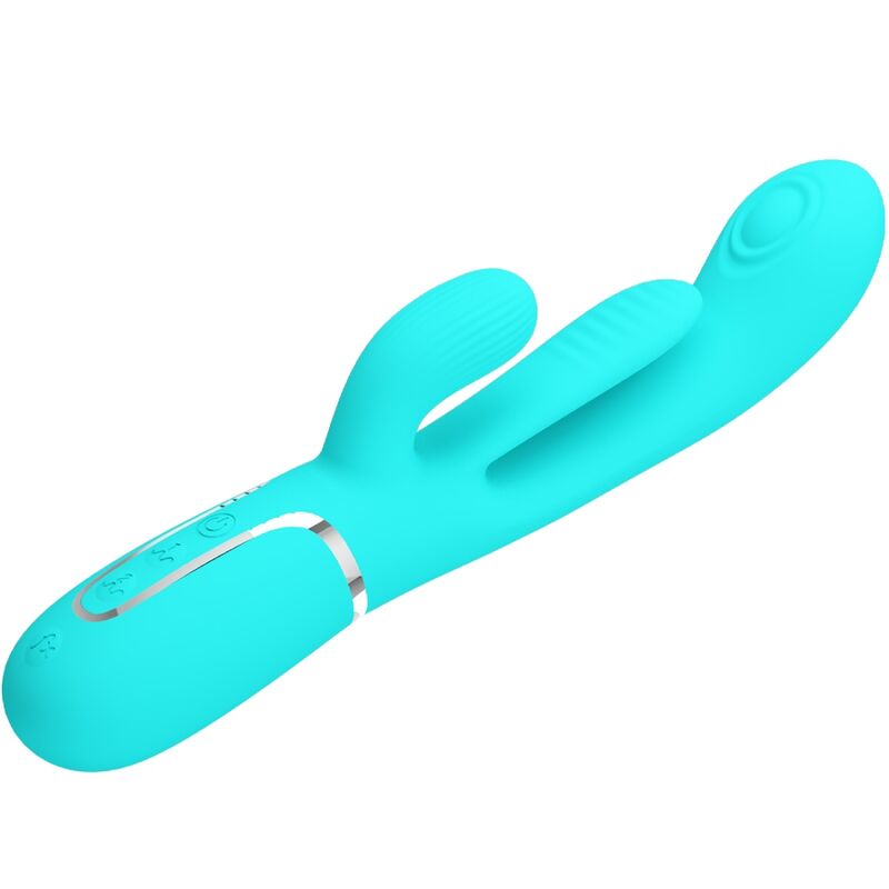 Vibratore multifunzione 3 in 1 Pretty Love Shania con design a triplo coniglio, colore blu, dettaglio visibile in immagine