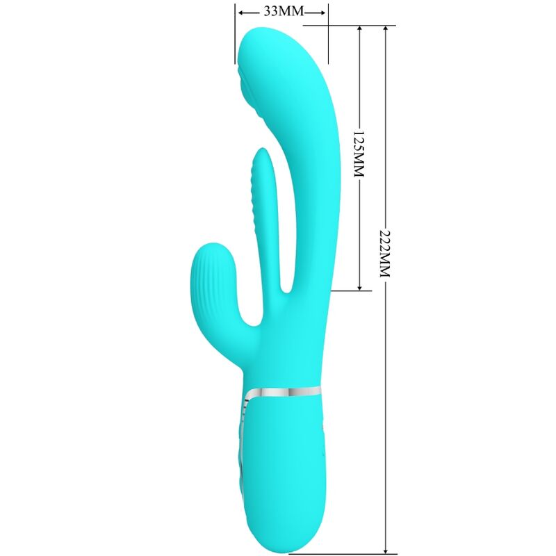 Vibratore multifunzione 3 in 1 Pretty Love Shania con tre orecchie a forma di coniglio blu, design elegante e dettagli realistici