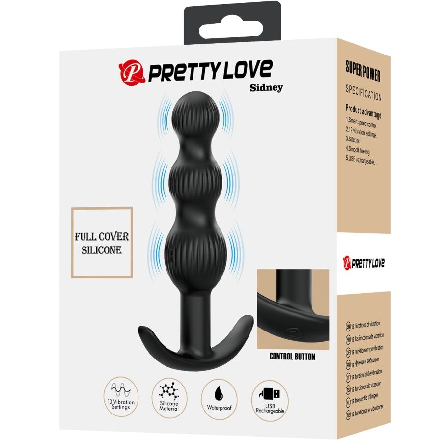 Vibratore anale PRETTY LOVE Sidney nero con 10 vibrazioni, design elegante e superficie liscia, ideale per stimolazione.