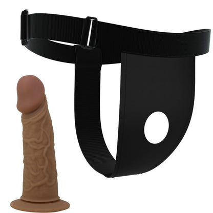 Imbracatura slip di Pretty Love con dildo incluso, in rosso e nero, con dettagli in tessuto e cinturini regolabili.