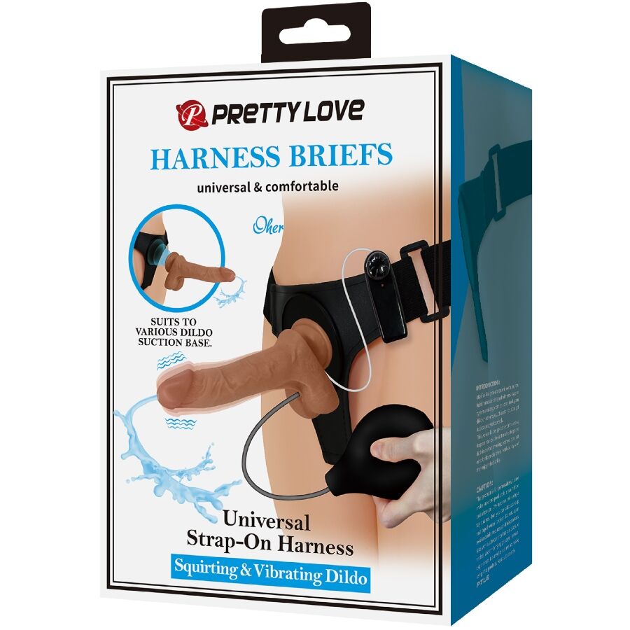 Slip universale PRETTY LOVE con dildo vibrante e squirting, lunghezza 15,5 cm, colore mulato, dettagli realistici.