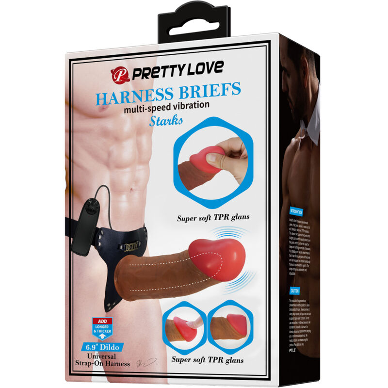 Imbragatura slip PRETTY LOVE Starks con dildo vibratore multi-speed da 17,5 cm, colore marrone chiaro, dettagli visibili in immagine.