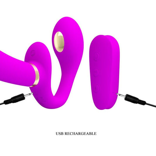 Vibratore doppio PRETTY LOVE Thunderbird con strap-on viola e telecomando, dettagli realistici e design ergonomico.