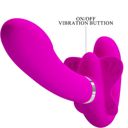 Vibratore doppio Strap-On Pretty Love Valerie con 12 vibrazioni, colore viola, dettagli del prodotto e design ergonomico.