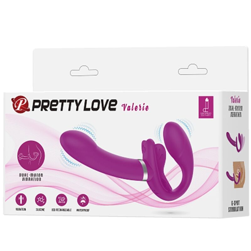 Vibratore doppio strap-on Pretty Love Valerie con 12 vibrazioni in colore viola, design discreto e funzionale.
