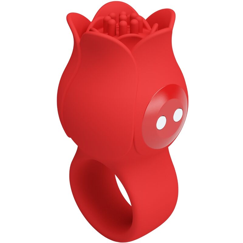 Vibratore a dita a forma di rosa PRETTY LOVE JAE con 10 vibrazioni, colore rosso, dettagli visivi del prodotto.