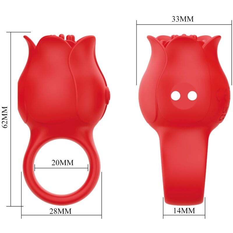 Vibratore a dita a forma di rosa PRETTY LOVE JAE con 10 vibrazioni, colore rosso, dettaglio di un vibratore in silicone.