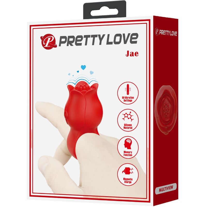 Vibratore a dita a forma di rosa PRETTY LOVE JAE con 10 vibrazioni, colore rosso, dettagli realistici e design elegante
