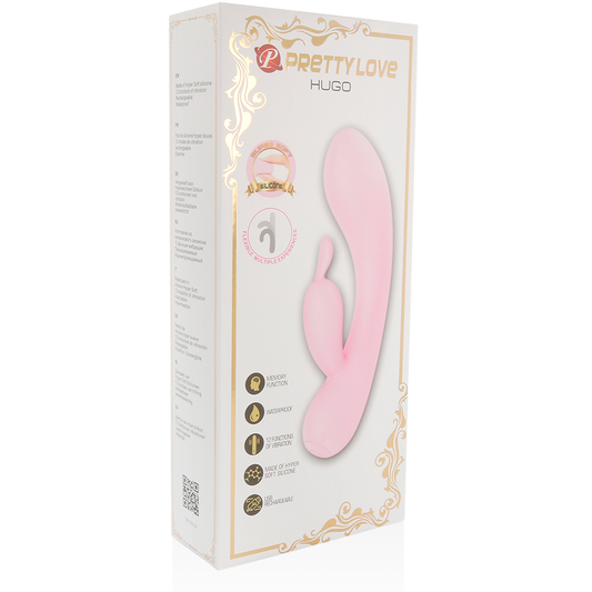Vibratore rabbit PRETTY LOVE LOVE SMART HUGO con orecchie, design rosa, dettagli realistici, per piacere e stimolazione.
