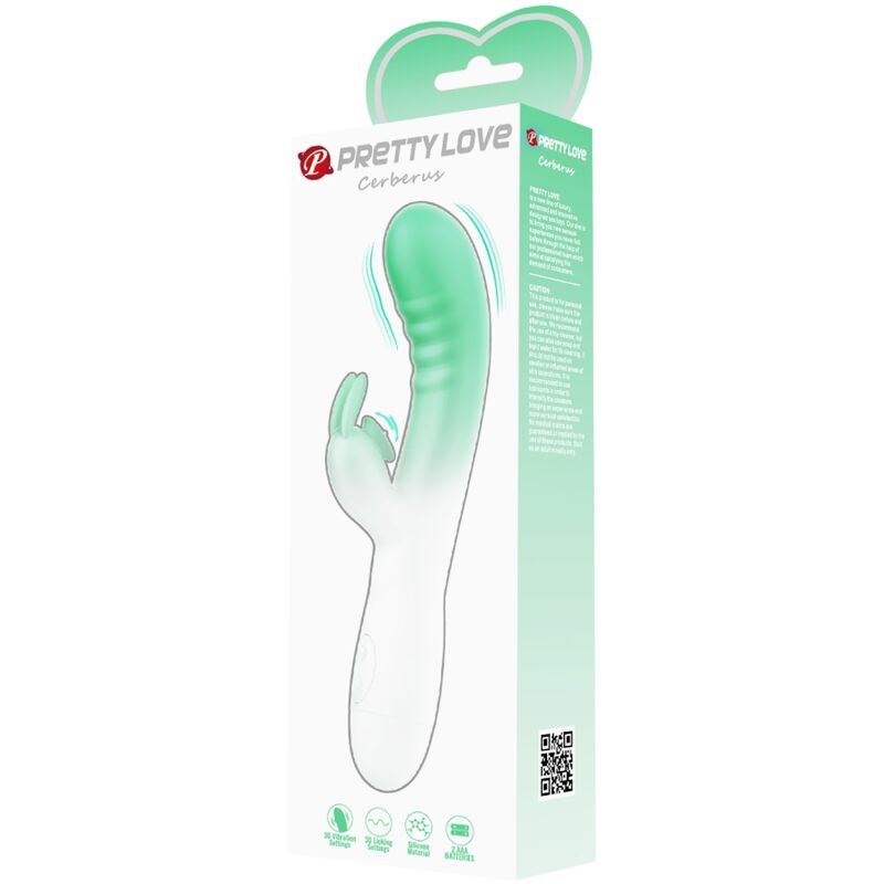 Vibratore coniglio verde PRETTY LOVE Cerberus con 3 vibrazioni, dettagli realistici, design ergonomico, immagine del prodotto.