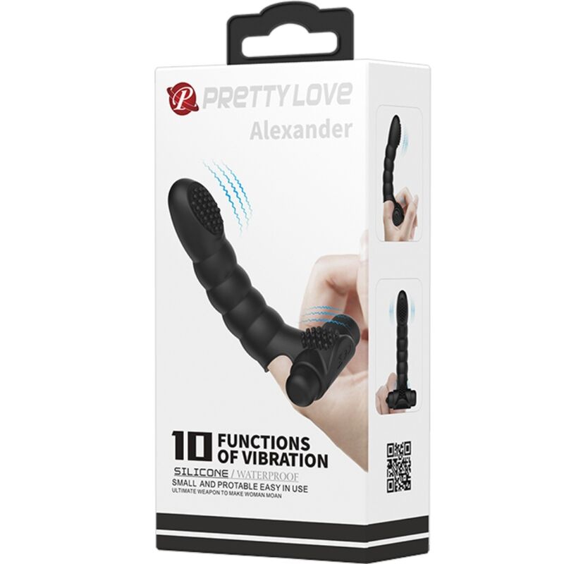 Vibratore da dita PRETTY LOVE Alexander nero con 10 modalità di vibrazione, design compatto e discreto.