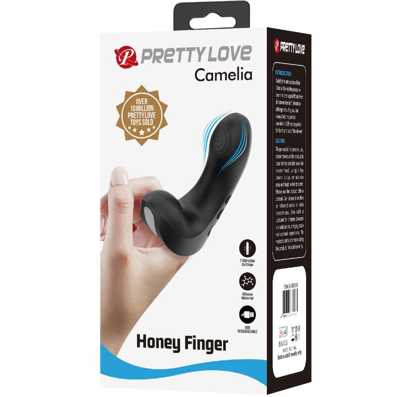 Vibratore da dita PRETTY LOVE Camelìa nero con 7 vibrazioni, dettagli morbidi e compatto, ideale per stimolazione precisa.