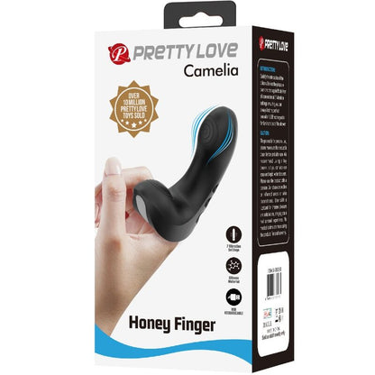 Vibratore da dita PRETTY LOVE Camelìa nero con 7 vibrazioni, dettagli morbidi e compatto, ideale per stimolazione precisa.