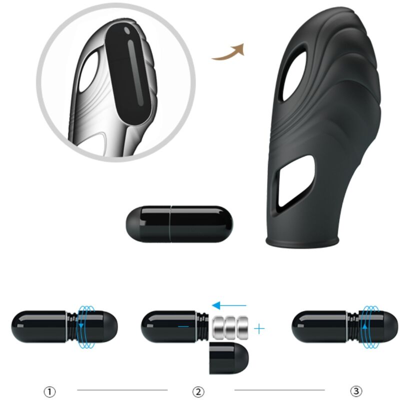 Vibratore da dita in silicone nero PRETTY LOVE, design compatto e ergonomico per stimolazione precisa e sicura.