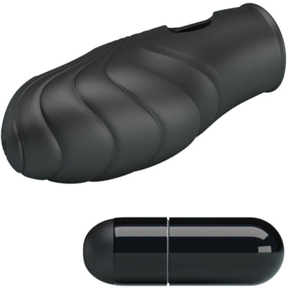 Vibratore da dita in silicone nero PRETTY LOVE, design compatto e morbido per stimolazione precisa e confortevole.