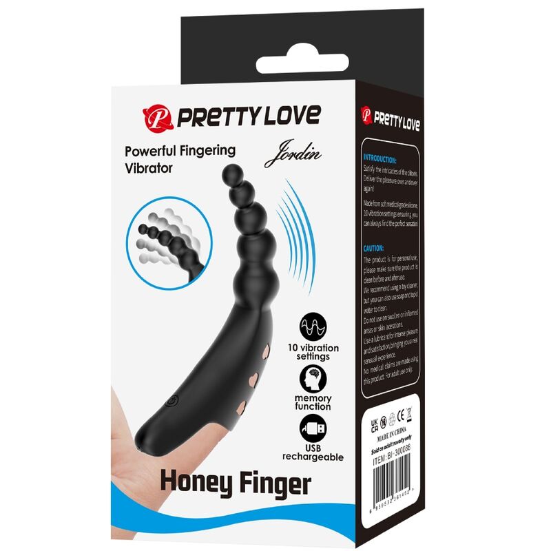 Vibratore da dita Pretty Love Jordin nero con 10 modalità di vibrazione, compatto e ergonomico.