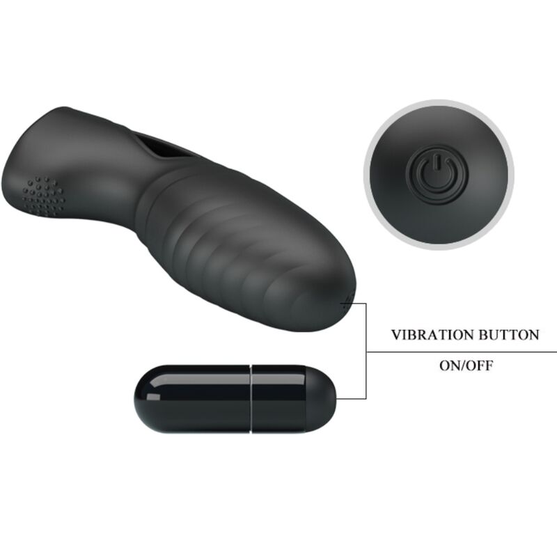 Vibratore da dito in silicone nero PRETTY LOVE ALAN, piccole dimensioni e design ergonomico per stimolazione precisa.