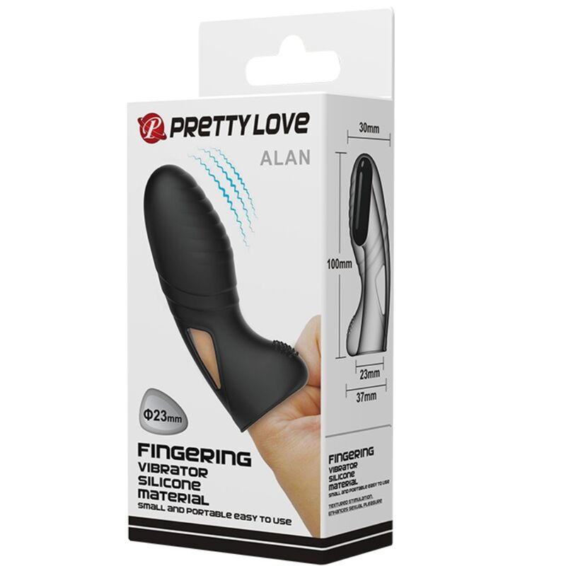 Vibratore da dito in silicone nero PRETTY LOVE ALAN, piccolo e avvolgente, ideale per stimolazione precisa e confortevole.