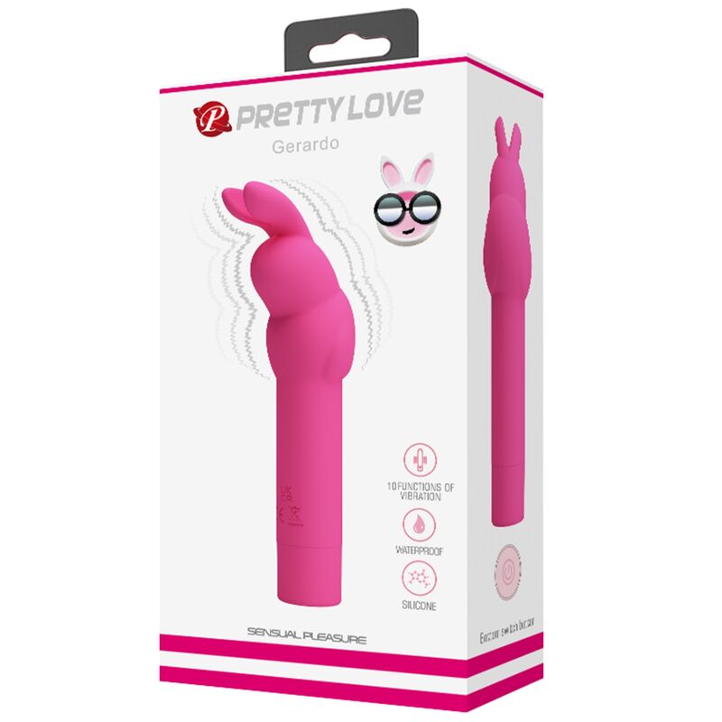 Vibratore in silicone Pretty Love Gerardo Fucsia con design a coniglio, dettagli realistici e texture morbida.