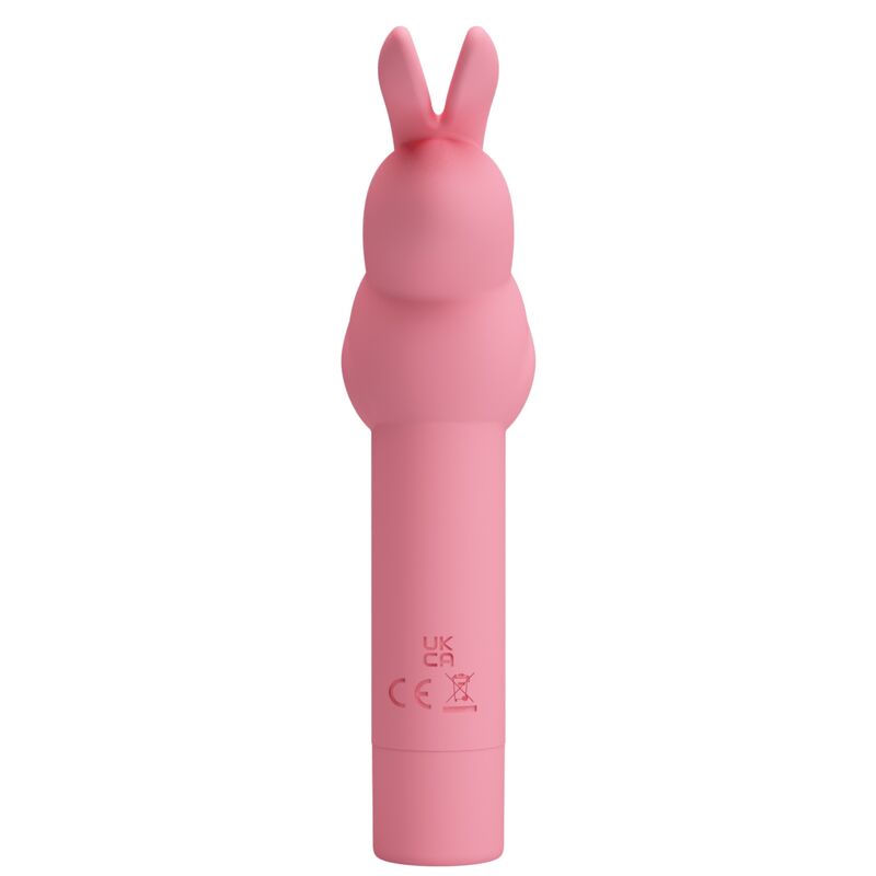 Vibratore in silicone rosa con forma a coniglio, marchio PRETTY LOVE, dettagli e texture visibili.