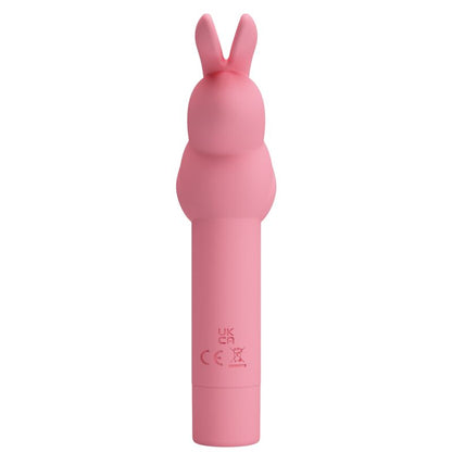 Vibratore in silicone rosa con forma a coniglio, marchio PRETTY LOVE, dettagli e texture visibili.