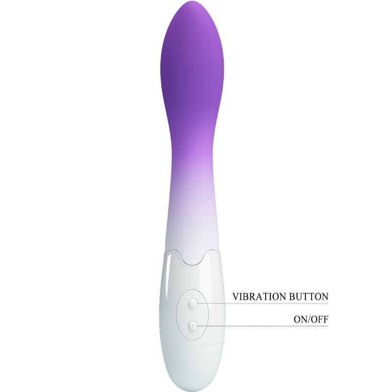 Vibratore Punto G Pretty Love Bishop viola con 30 vibrazioni, design ergonomico e dettagliate caratteristiche del prodotto.