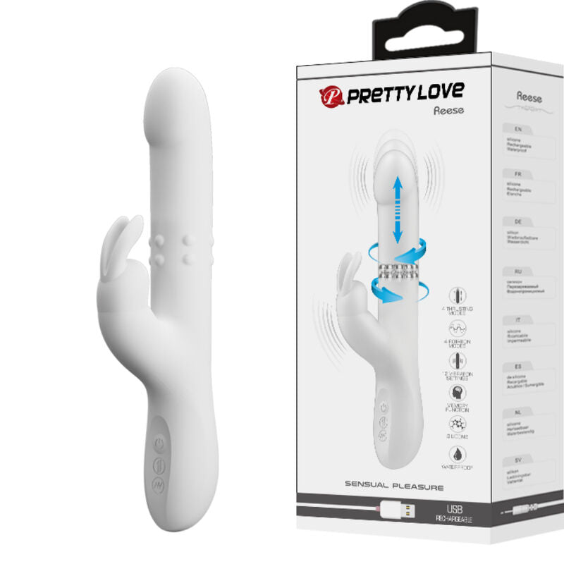 Vibratore Reese con rotazione di Pretty Love in argento, mostra il design elegante e dettagli del prodotto.