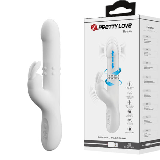Vibratore Reese con rotazione di Pretty Love in argento, mostra il design elegante e dettagli del prodotto.