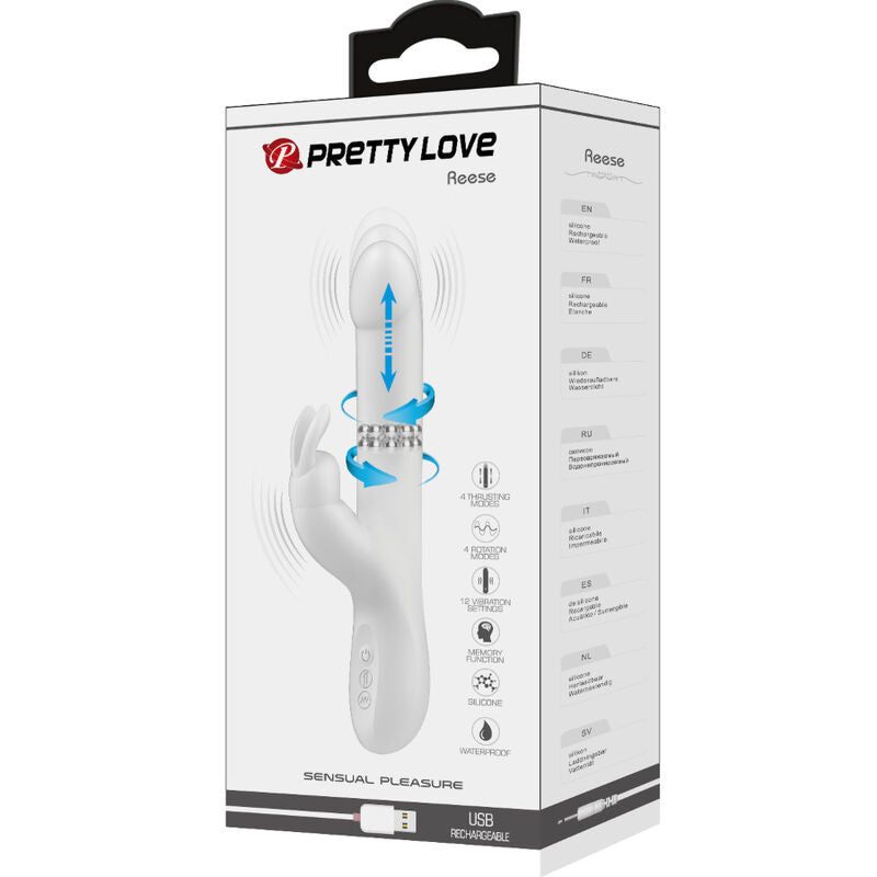 Vibratore Reese con rotazione di Pretty Love, in argento, mostra il design elegante e dettagli realistici del prodotto.