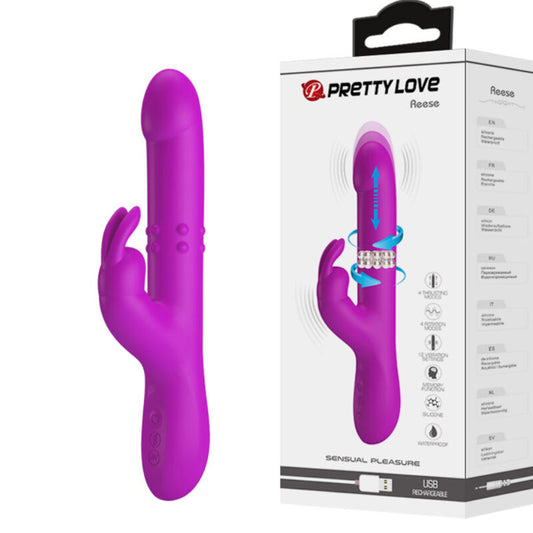Vibratore Pretty Love Reese con rotazione viola, dettagli visibili, design ergonomico e superficie liscia.